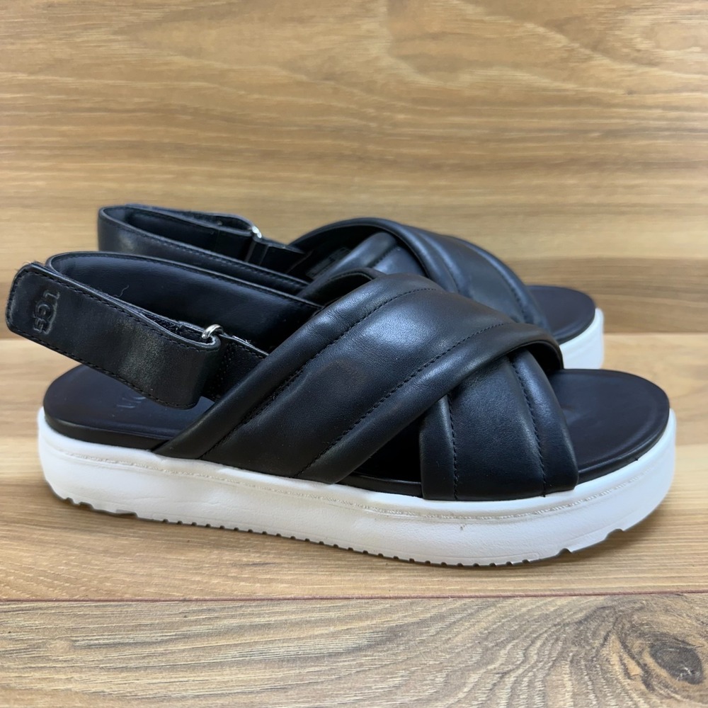 UGG Black Leather Cross-Strap Flatform Sandals with White Sole